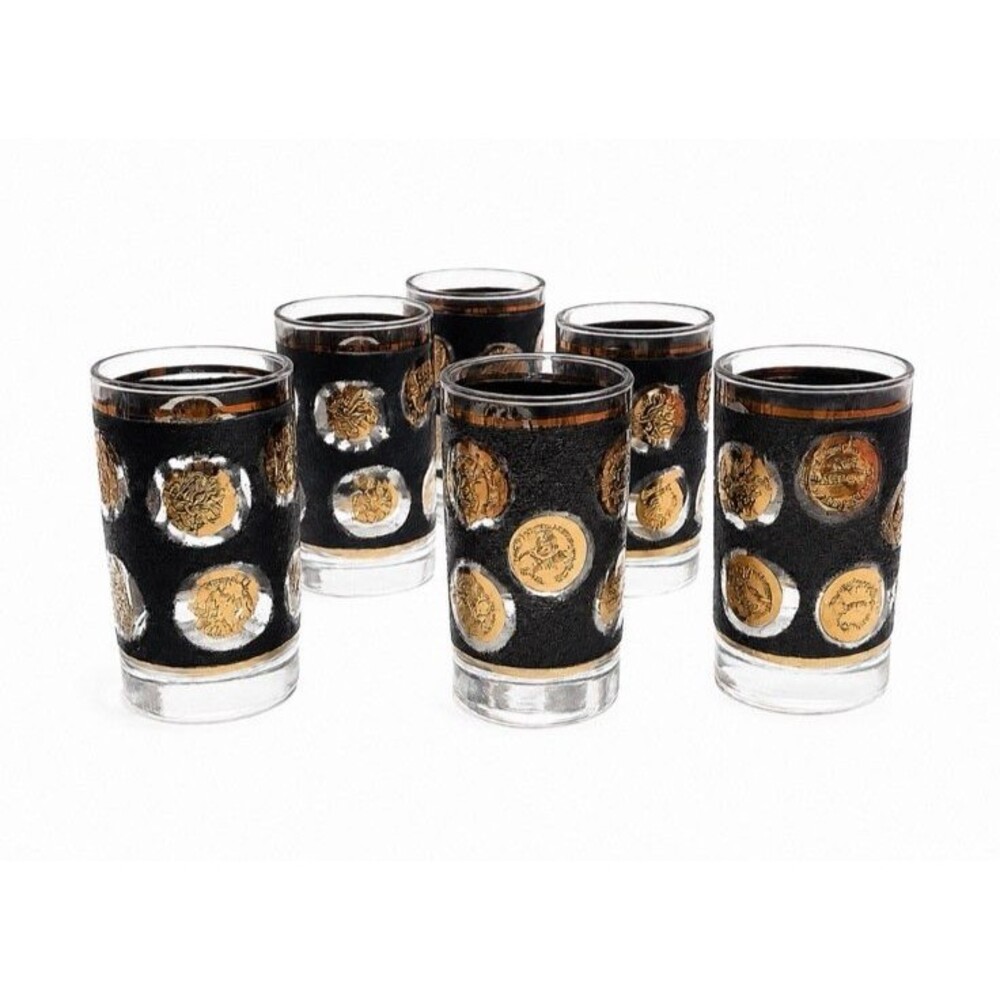 6 Vintage Libbey Whiskey Clear Glasses Black Texture Gold Patriotic Medallions